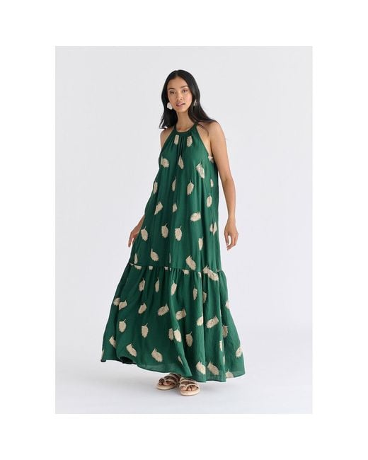 Paisie Green Leaf Embroidered Halterneck Maxi Dress