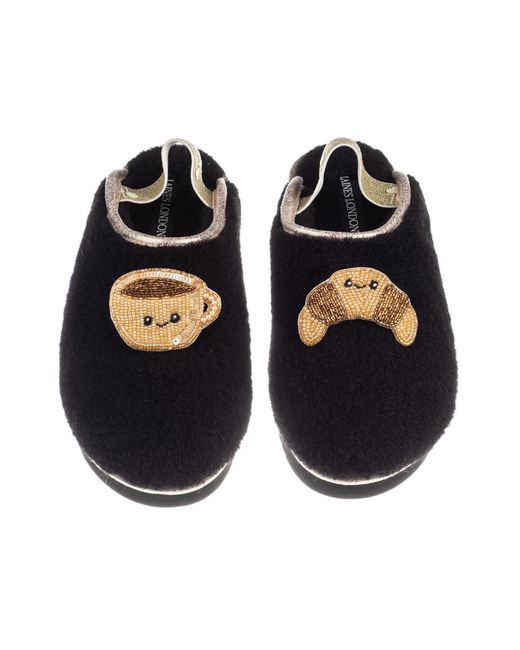 Laines London Black Flatform Cloud Closed Toe Slippers With Laines Lovables Coffee & Croissant Brooches