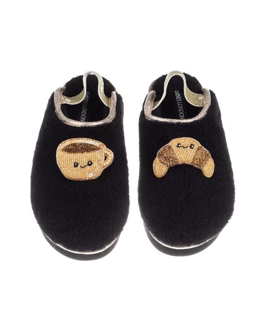 Laines London Black Flatform Cloud Closed Toe Slippers With Laines Lovables Coffee & Croissant Brooches