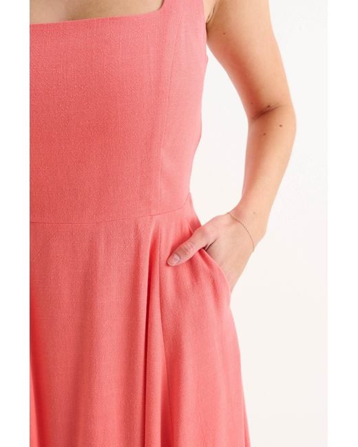 Louche Pink Baya Linen Mix Square Neck Midi Dress