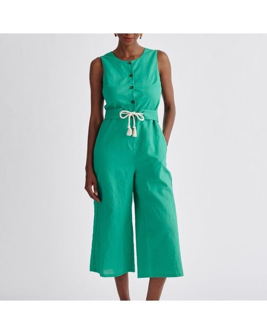 Paisie Green Belted Linen Blend Jumpsuit