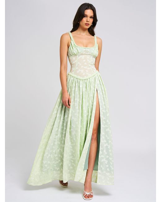 Miss Circle New York White Ulissa Light Square Neck Jacquard Textured High Slit Maxi Dress