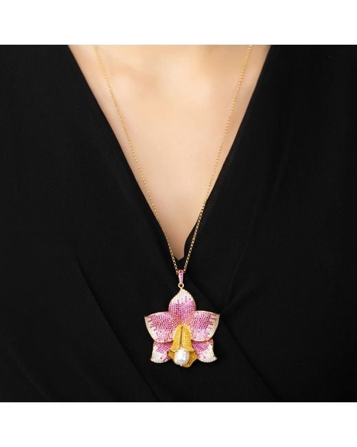 Latelita London Pink Daffodil With Pearl Pendant Necklace Gold Ruby Cz