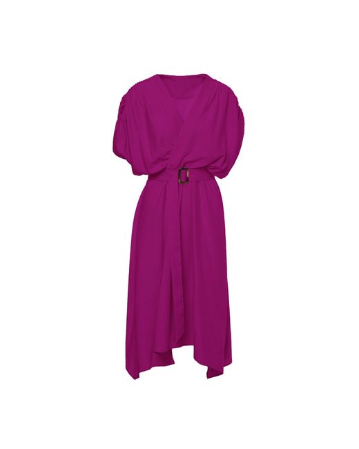 BLUZAT Purple Fuchsia Linen Midi Dress With Belt