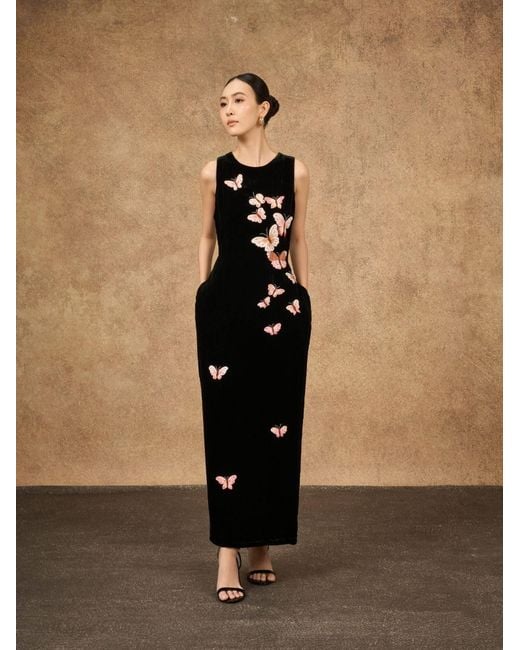 Silk and Bears Black Hand-Embroidered Silk Velvet Maxi Evening Dress — Butterfly — Velvet Atelier