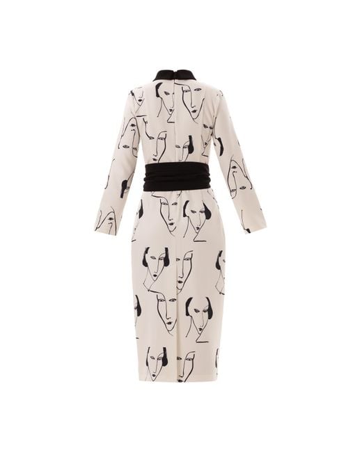 Julia Allert Natural White Designer Fitted Dress With Faces Print