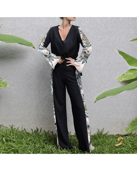 CASSANDRA HONE Blue Crepe Trouser With Silk Printed Sides
