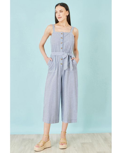 Yumi' Blue Cotton Stripe Button Through Jumpsuit