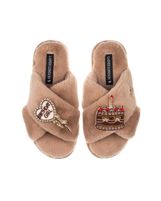 Laines London Brown Neutrals Classic Laines Slippers With Birthday Girl Balloon & Chocolate Cake Brooches