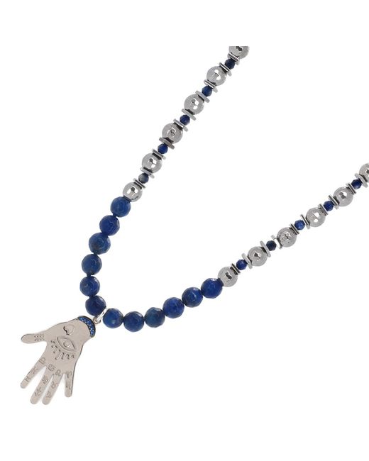 Ebru Jewelry Metallic Lapis Lazuli & Hematite Stone Sterling Hamsa Pendant Beaded Necklace