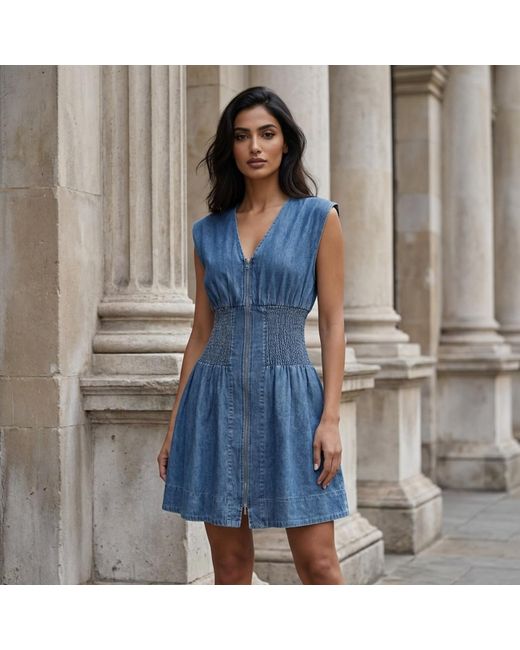 Modenaire Blue Denim Mini Dress Smocked Waist