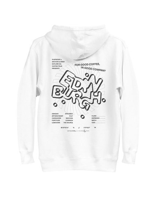 Anchor and Crew White Gustatory Edinburgh Coffee Scene Cotton Blend Embroidered Hoodie for men