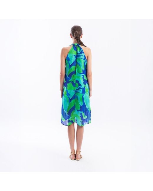 Haris Cotton Green Printed Linen Blend Dress With Cross Back Detail Lagoon