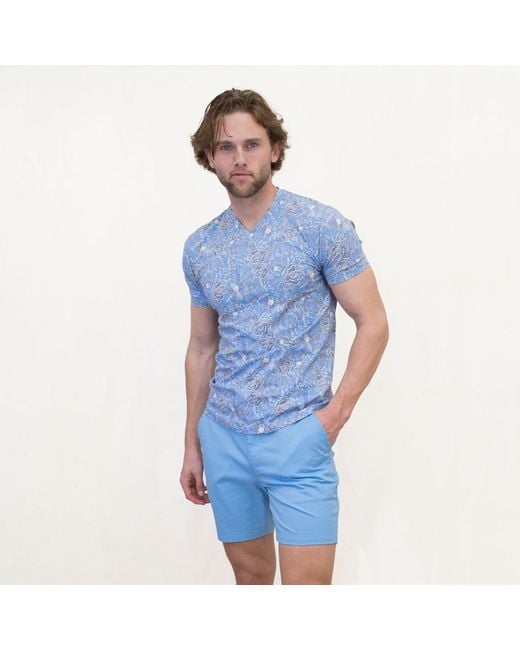 Lords of Harlech Blue Maze Handcut Floral V-Neck Tee for men