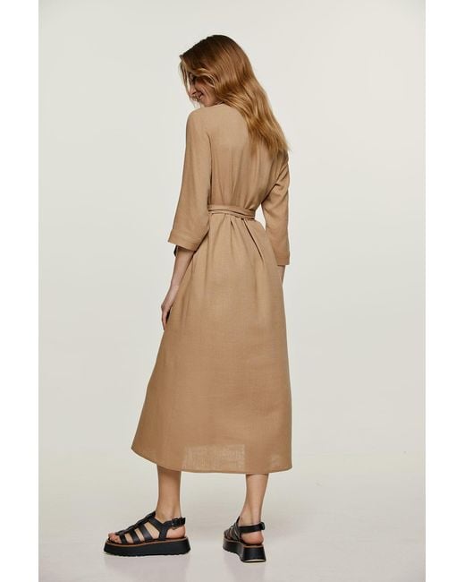 Conquista Natural Neutrals Linen Style Midi Dress With Belt