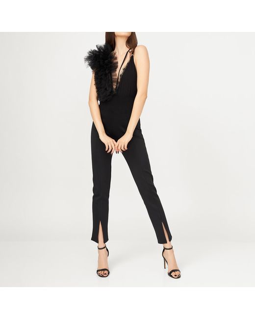 LIA ARAM Black Lace Asymmetric Ruffled Bodysuit