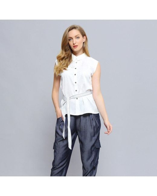 Smart and Joy White Sleeveless Trimming Shirt