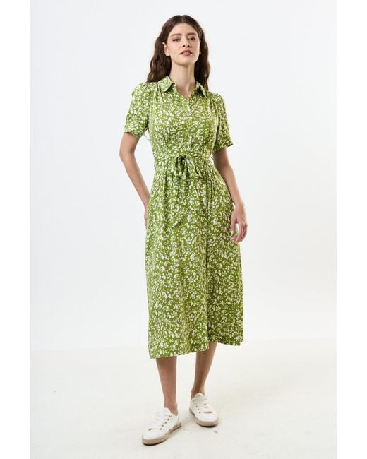 Louche Green Inesa Negative Floral Print Short Sleeve Midi Shirtdress