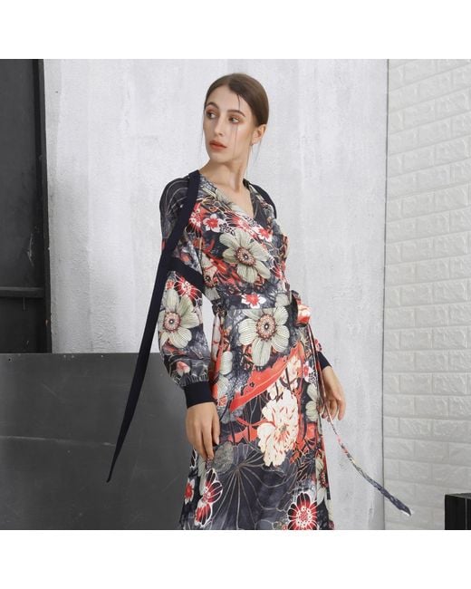 Smart and Joy Red Wrap Dress With Flower Print And Satin Bias