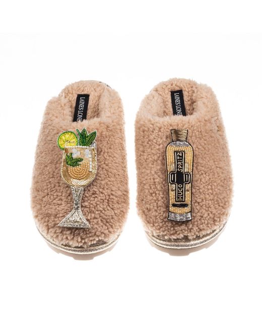 Laines London Natural Neutrals Teddy Closed Toe Slippers With Hugo Spritz Brooches