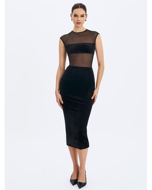 Miss Circle New York Black Quielle Mesh & Velvet Midi Bodycon Dress
