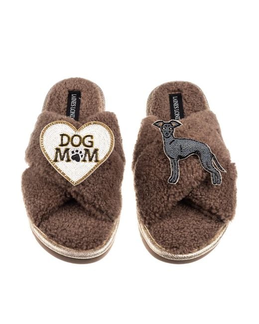 Laines London Brown Neutrals Boucle Slippers With Dog Mum/Mom & Italian Greyhound Brooches