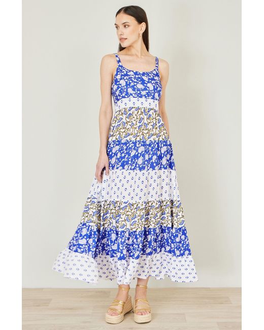 Yumi' Blue And Rayon Patchwork Print Tiered Maxi Dress