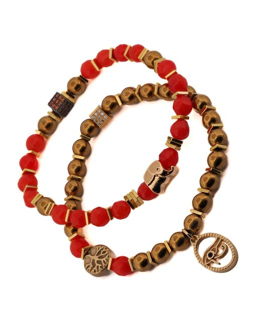 Ebru Jewelry Brown Carnelian Stone Beaded Ra & Elephant Charm Bracelet Set