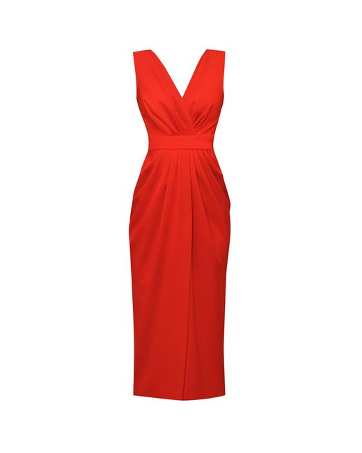 ALINA CERNĂTESCU Red Alaya Coral Midi Drapped Cocktail Dress