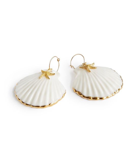 POPORCELAIN Metallic Golden Edge Clam Shell With Starfish Hoop Earrings