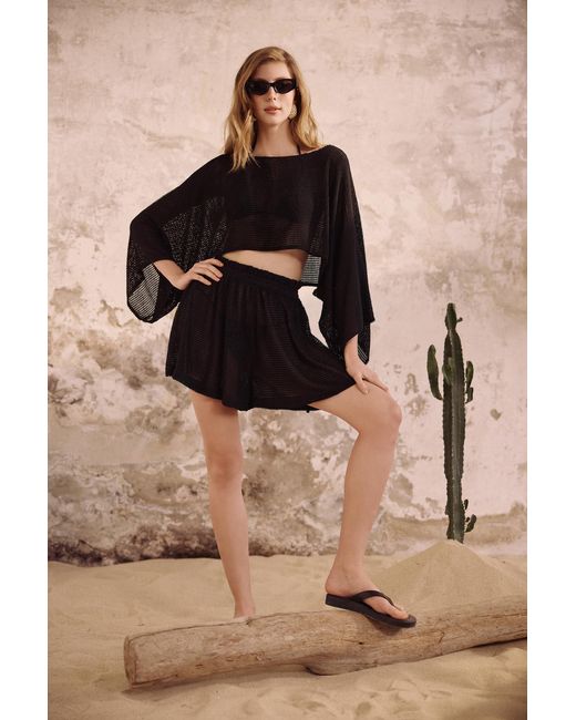 Lilamie Black Carmen Loose Fit Long Sleeve Beach Blouse