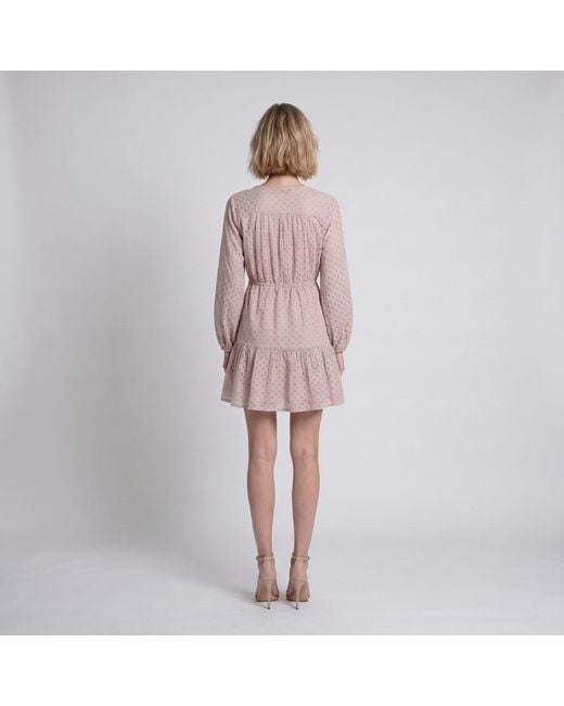Modenaire Pink Polka Dot Embroidered Lace Dress With V-Neck And Tie Waist