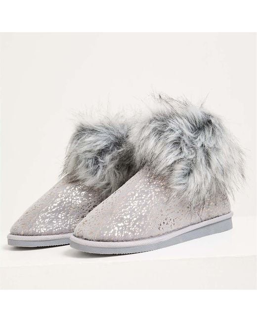 Pretty You London Gray Foil Detail Fur Lined Bootie Slipper Giselle