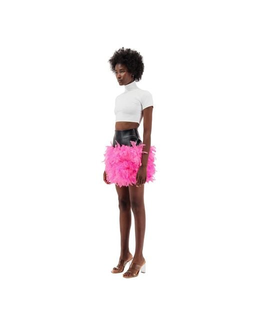Úchè Pink Mini Leather Feather Trim Skirt