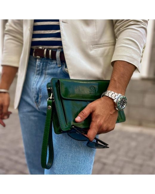 Time Resistance Green Leather Clutch Purse for men