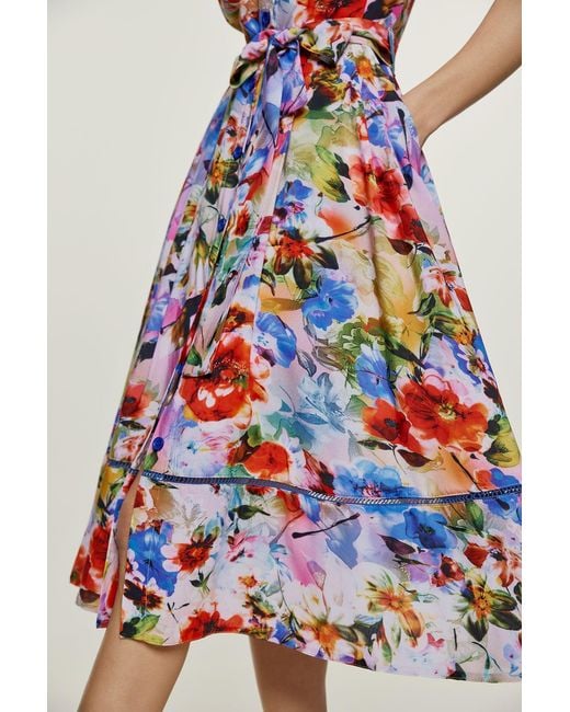Conquista Blue Floral Sleeveless Dress With Belt