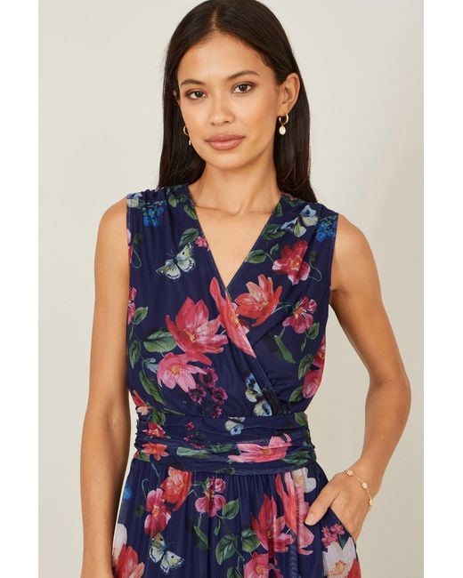 Yumi' Blue Blurred Floral Print Mesh Stretch Midi Dress With Pockets