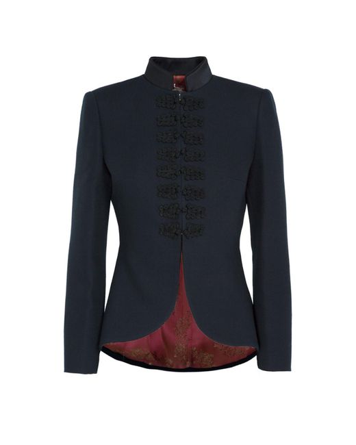The Extreme Collection Blue Embroidered Fitted Cotton And Linen Blazer With Mao Collar Jasper