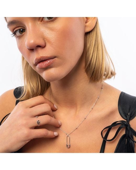 Spero London Metallic Sterling Safety Pin Necklace With Beaded Satellite Chain