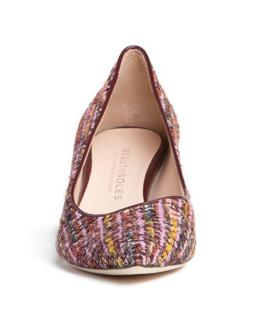 Beautiisoles by Robyn Shreiber Made in Italy Red Corina Burgundy Leather Block Heel Pump With Linen For Day & Night Wear
