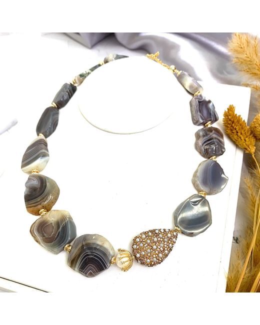Farra Gray Irregular Agate With Pearl Rhinestone Necklace