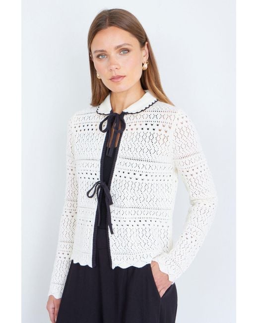 Yumi' White Ivory Crochet Knitted Cardigan With Peter Pan Collar