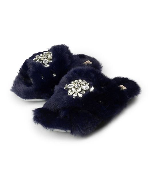 Rettrose Blue Audrey Luxury Plush Diamanté Heart Embellished Handmade Slipper