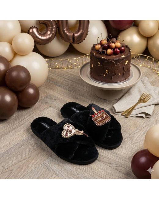 Laines London Black Classic Laines Slippers With Birthday Girl Balloon & Chocolate Cake Brooches