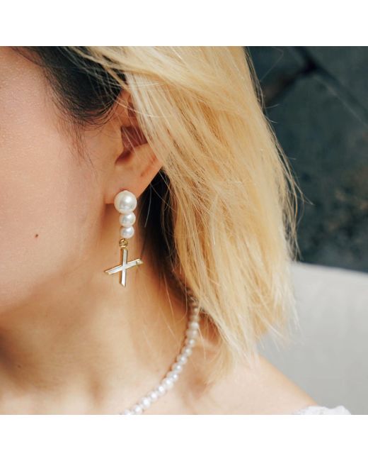 Aurozia Brown The Alphabet Eye Letter Mother Of Pearl Shell Pendant Asymmetric Diamond Pearl Earrings