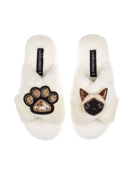 Laines London White Neutrals Classic Laines Slippers With Paw & Siamese Cat Brooches