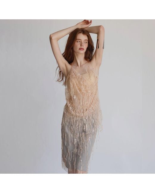 Belsize25 Natural Mayfair Series – Sheer Beaded Tassel Mesh Top