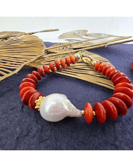 Farra Red Bamboo Coral With Baroque Pearl Bracelet