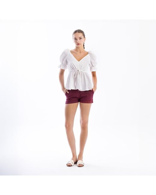Haris Cotton White Linen Peplum Top With Puff Sleeves
