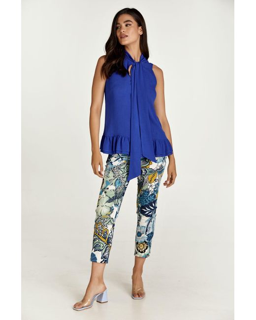 Conquista Blue Electric Tie Detail Top With Frills